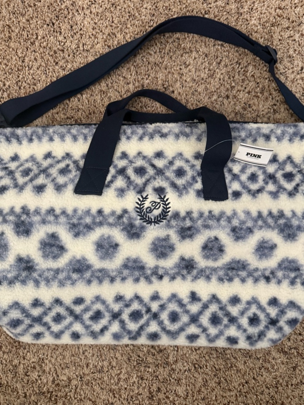 Victoria's Secret PINK Navy and Cream Plush Tote